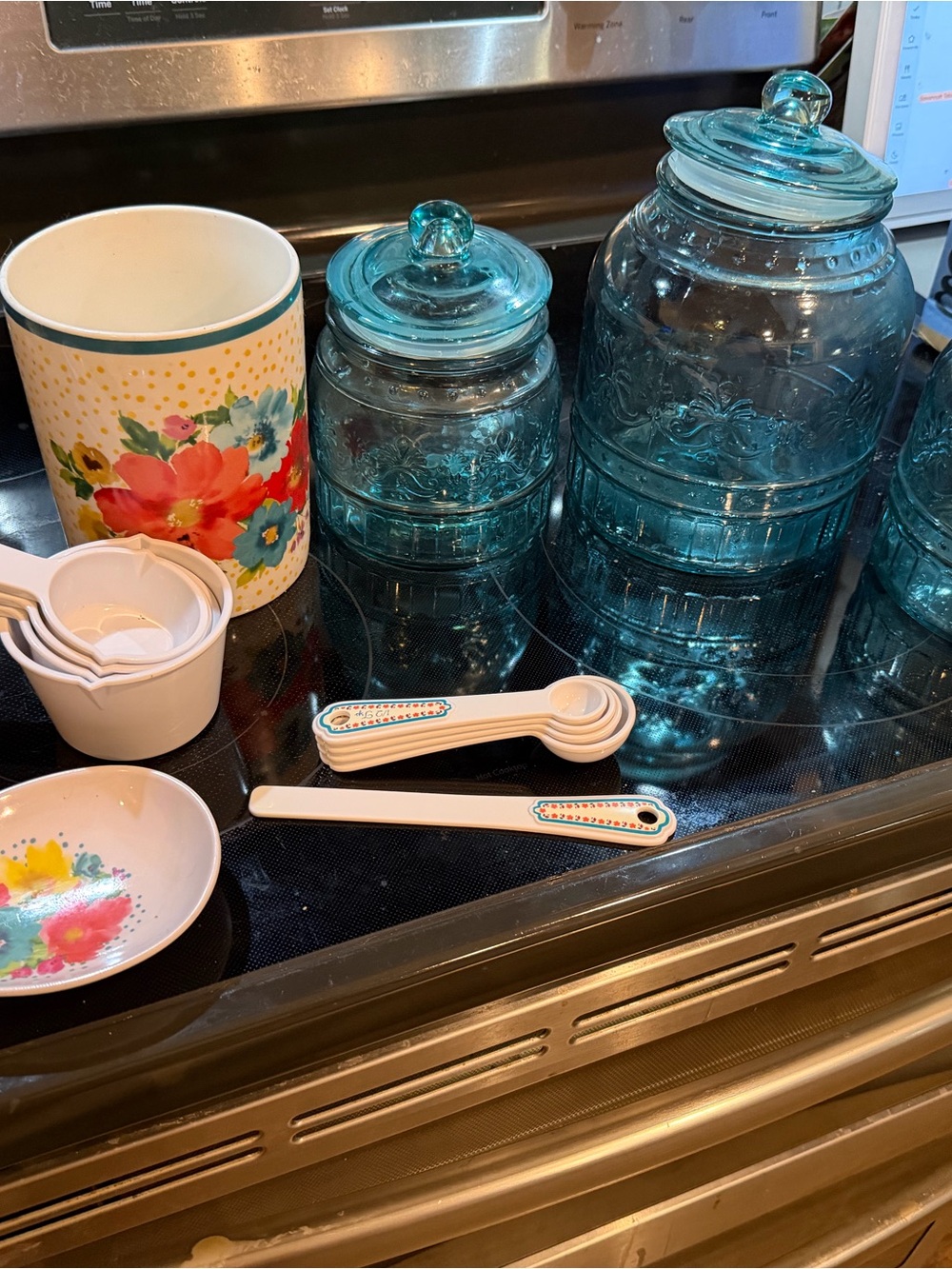 The Pioneer Woman Teal Glass Canister Set with Floral Accents
